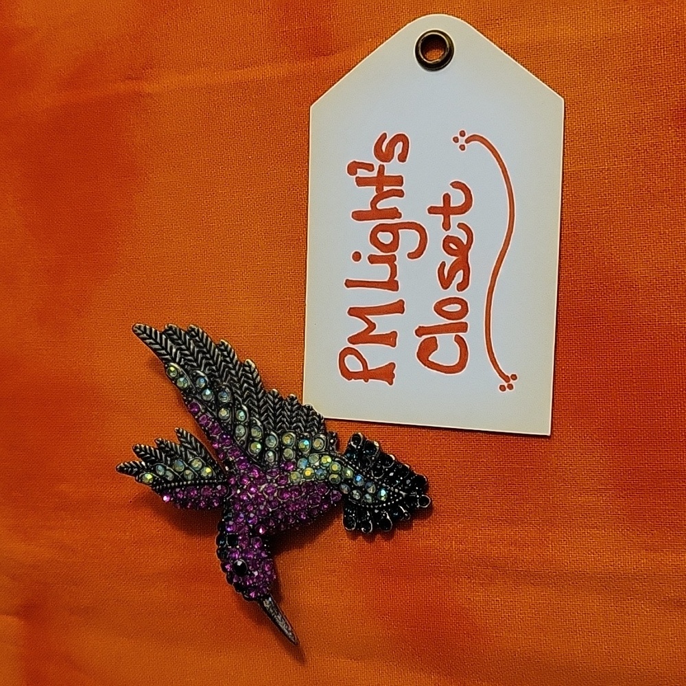 Crystal Humingbird Brooch Magenta Green